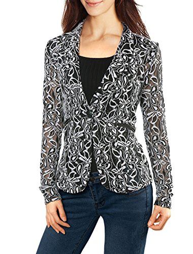 Allegra K Women Shawl Collar Sheer Floral Lace Blazer Jacket S White