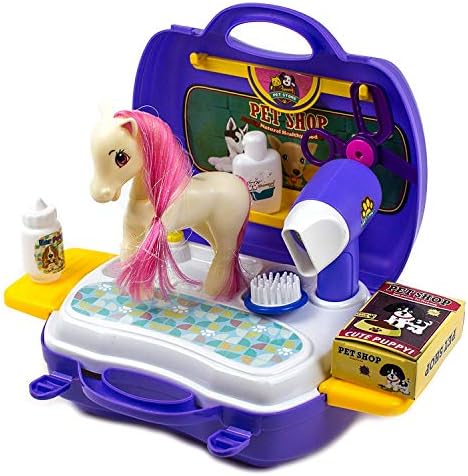 mwg exports co animal grooming travel toy set 8 pieces baby pony pet shop playset includes a white horse pink hair tools toddlers boys girls ages 3 years up-Purple