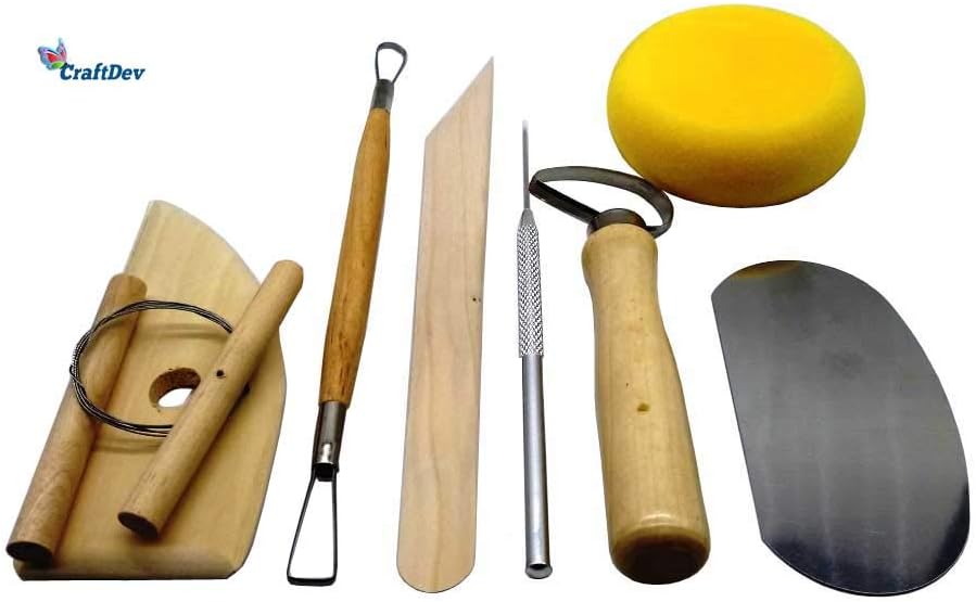 CraftDev Pottery Tool Kit with Sponge (Biege) - 8 Pieces