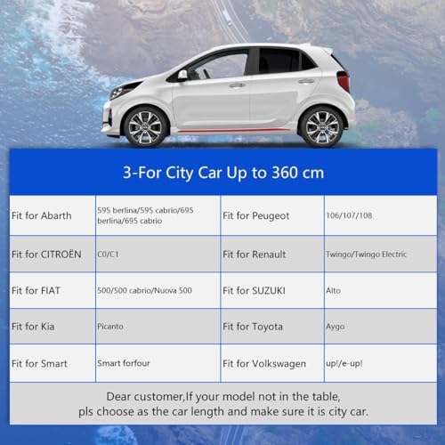 GUNHYI Outdoor Car Cover, Breathable and Waterproof for All Weather, Anti-UV Protection, Dust, Rain, Universal for FlAT 500/Toyota Aygo/Twingo (up to 365 cm) 2S
