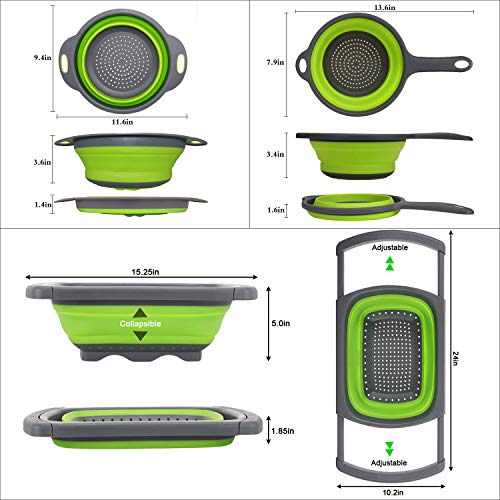 Huanlemai 3-Packs Green Silicone Kitchen Collapsible Colander Set - 6-Quart Square Over The Sink Colander + 4qt Round Veggies/Fruit Basket Strainers and Colanders +2qt Pasta Strainer With Handle