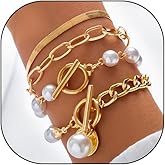 4Pcs Dainty Pearl Bracelet Set,Charming Layered OT Clasp Small Bead Chain Link Bangle Set,Aesthetic Plated Gold Jewelry Gift for Women