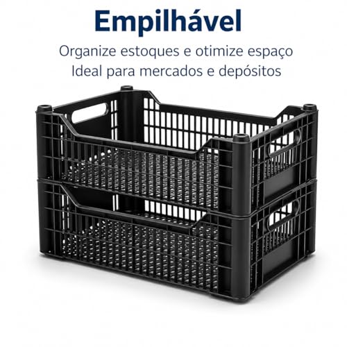 Kit 3 Caixas Organizadoras Grandes Plásticas Empilháveis e Vazadas Alta Resistência | Caixa Plástica para Hortifruti, Supermercado, Feira, Comércio, Estoque, Varejo e Organização da Casa