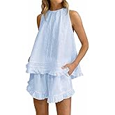 Sotimoon Womens Ruffle Short Set 2 Piece Outfits Fashion Summer Sleeveless Lace Trim Top and Shorts Cotton Pajama Sets