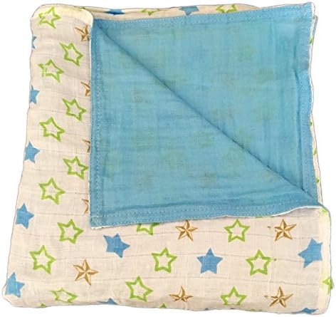 Muslin Swaddle Blankets 4 Layer - Seben Baby - 47"x 47" - 100% Cotton - Stars with Blue - Unisex for Boys or Girls