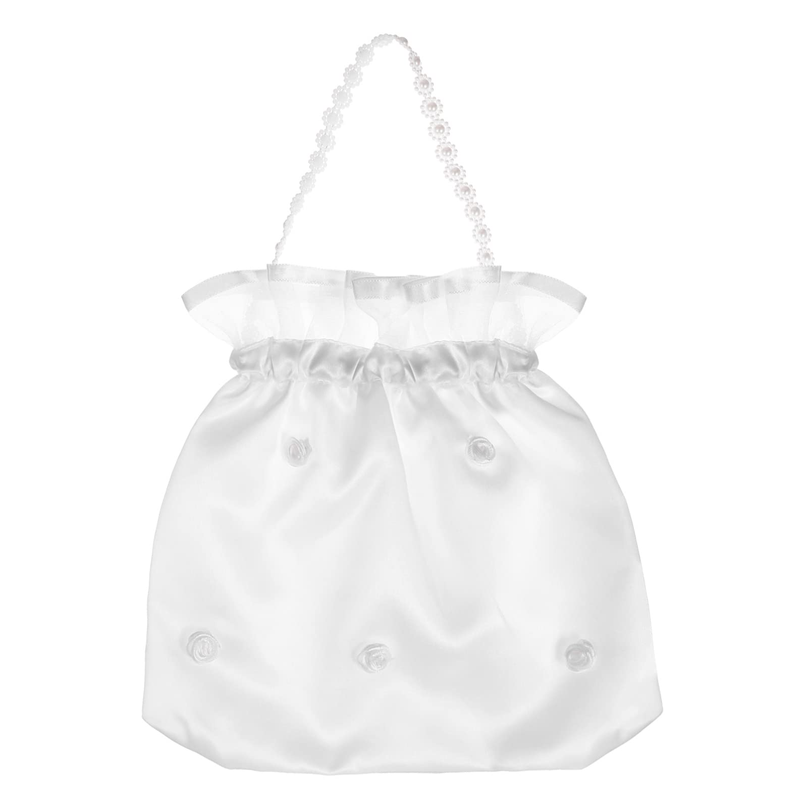 SEWACC Satin Bridal Wedding Money Bag 1Pc White Bridal Bridesmaid Satin Flower Decorated Dolly Bag with Pearl- Embellished Floral Lace