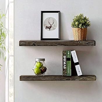 HSH Rustic Wood Floating Shelf, Rugged Reclaimed Solid Wooden Wall Shelf, Farmhouse Industrial Vintage Mount Shelving, Natural Pine, 30 x 7.1 Inch, Set of 2