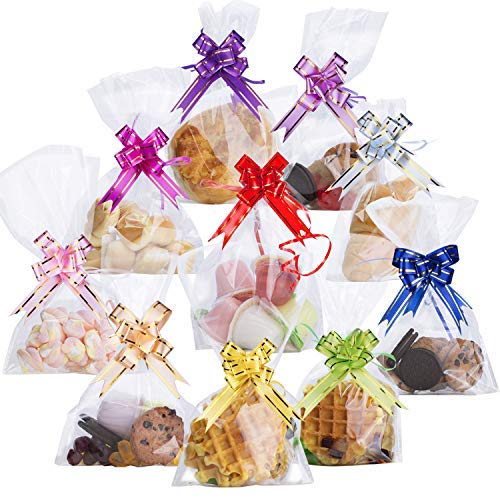 AUERVO 100PCS Clear Cellophane Treat Bags 6" X 10" Clear Resealable Flat Cello Bags Sweet Party Gift Bags OPP Plastic Bag with 100PCS Mix Colors Pull Bows for Candy, Soap, Cookie