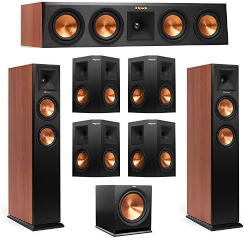 Klipsch 7.1 Cherry System with 2 RP-250F Tower Speakers, 1 RP-440C Center Speaker, 4 Klipsch RP-250S Surround Speaker, 1 Klipsch R-115SW Subwoofer + AudioQuest Bundle
