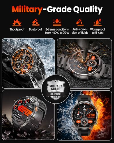 Reloj Inteligente Hombre con 1000mAh Batería y Linterna, 1.91" AMOLED, 5ATM Impermeable Smartwatch Militar con Llamadas, 113 Modes Sportifs, 24/7 Pulsómetro/Oxímetro/Sueño/Podomètre/Android iOS