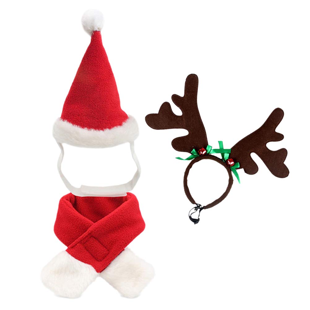 Balacoo Pet Adjustable Christmas Santa Hat, Scarf and Christmas Antler Hair Hoop Christmas Costume for Puppy Kitten Small Cats Dogs Pets