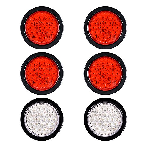 4pcs White Back-up Reverse Lamp + 2X Red Stop Brake Tail Light 24-LED 4" Round Kit for Truck Trailer RV