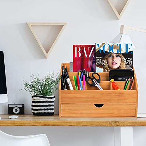 Hossejoy Bamboo Office Desk Organizer & Mail Rack with Storage Drawer - Desktop Mail Sorter for Office and Home - Keep Mail, Letters, Files, Office Supplies Neat & Organized