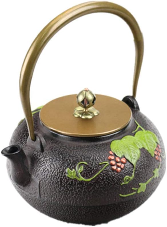 Teapot Chinese Style Tea Pot, Made of Cast Iron, Can Be Heated in Induction Cooker and Gas Stove,Green Leaf Grape Pattern Design, 1200ml (Color : Black, Size : 1200ml)