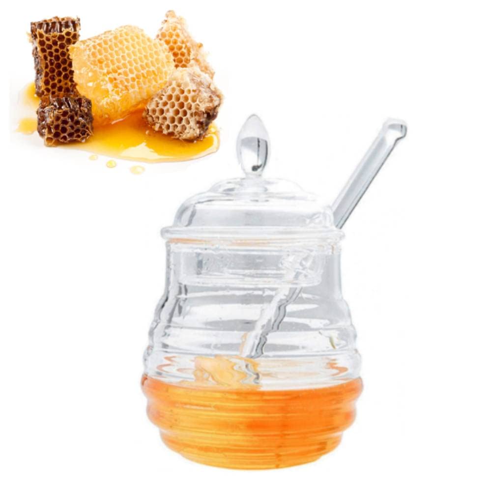 Glass Honey Pot with Dipper, 245ml Transparent Honey Jars Honey Dispenser Glass Container with Lids and Honey Stick for Home Kitchen