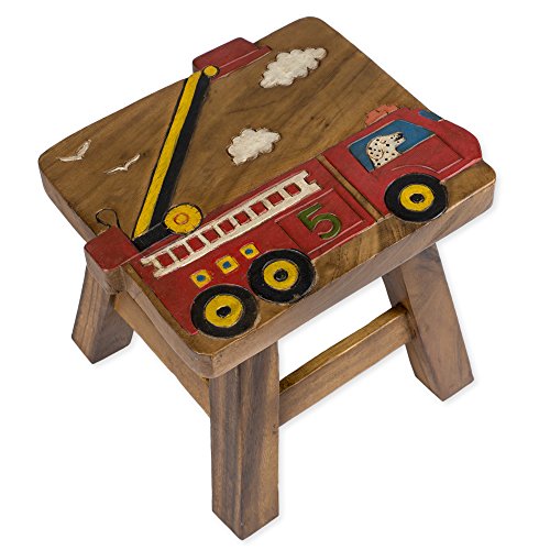 Red Fire Truck Design Hand Carved Acacia Hardwood Decorative Short Stool
