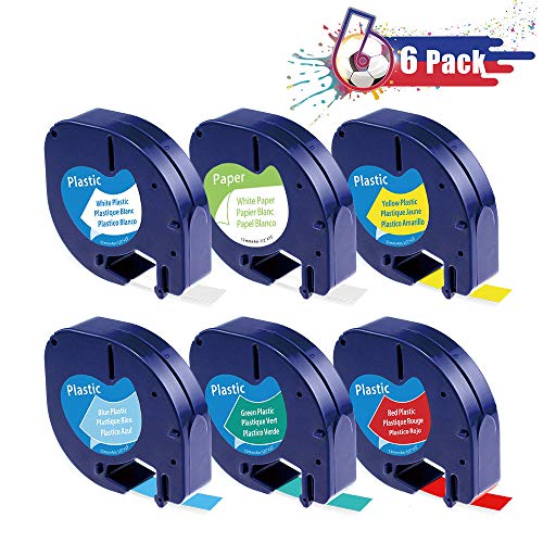 Compatible DYMO Letratag Refills Plastic Label Tape 1/2 Inch x 13 Feet, for Dymo LetraTag Label Maker LT-100H LT-100T QX50, Combo Set 91330 91331 91332 91333 91334 91335, 6-Pack