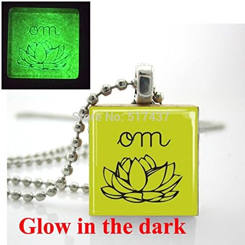 Pretty Lee Glow In The Dark Necklace Yoga Jewelry Scrabble Tile Pendant Om Lotus Blossom Lime Green With Ball Chain Glowing Jewelry