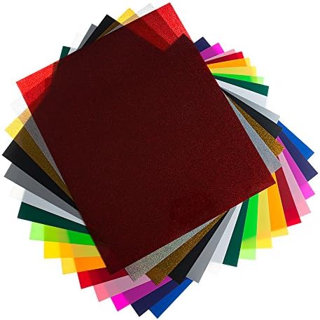 Heat Transfer Vinyl Assorted Colors - 15 Pack of 12" x 10" Sheets. Includes Three Glitter Colors and a Bonus Teflon Application Sheet. Iron On HTV for Cricut and Silhouette Cameo Machines.
