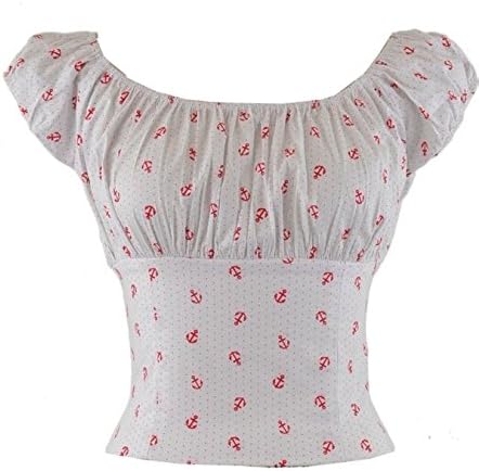 Red Anchor Small Polka Dot Peasant Top retro vintage style Off shoulder Nautical (L)