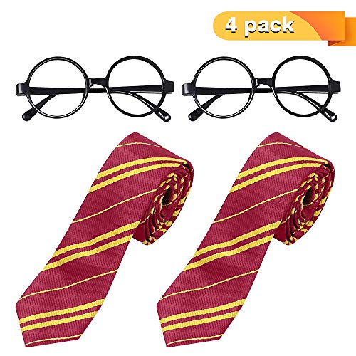 ThinkMax Cosplay Tie with Novelty Glasses Frame for Kids Teens, 4 Pieces Necktie Accessories for Halloween Chritsmas Party and Daily Use