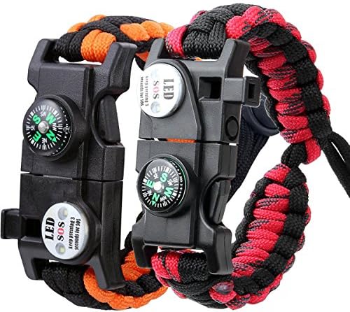 Survival Paracord Bracelet Emergency Adjustable Tactical Bracelet Kit Outdoor Survival Waterproof Wristband with SOS LED Light – Set Of 2- Compass, Fire Starter, Emergency Knife, Whistle,Fire Starter