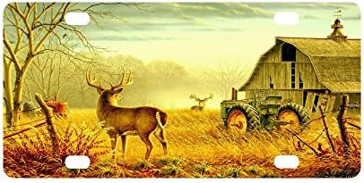 Best Design Cool Old Tractor and Cute Deer/Elk Durable Metal License Plate Frame for Women/Men Four Holes Car Tag (New) 12" X 6"