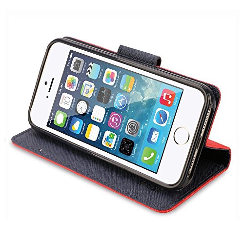iPhone SE Case, iPhone 5S Case, IPHOX Magnetized Closure Card Slots Money Pouch, Retro Leather Wallet Case Purse Protective Cover Stand Feature Flip Book Case for iPhone 5s / 5 / SE (Red&BU/C)