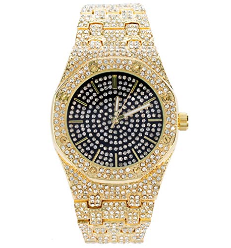 Bling-ed Out 40mm Octagonal Dial CZ Gold Watch with Tapered Band and Black Dial | Japan Movement | Simulated Lab Diamonds