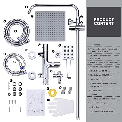 ARCORA Thermostatic Shower Column, 304 Stainless Steel Shower Column, Shower Kit Adjustable Range from 85 to 123 cm Copper Thermostatic Shower Mixer for Bathroom