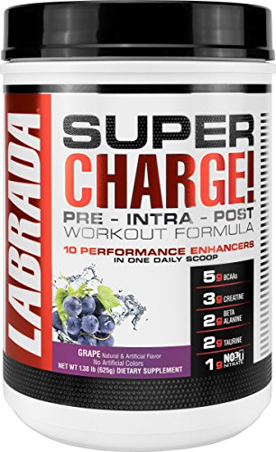 LABRADA NUTRITION Super Charge Pre Workout, Nitric Oxide Boosting Performance Enhancer with BCAAs, Creatine Monohydrate and 8 More Clinically Dosed Ingredients, Grape, 625 Gram