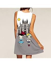 Honghu Vestido corto estampado de dibujos animados sin mangas para mujer