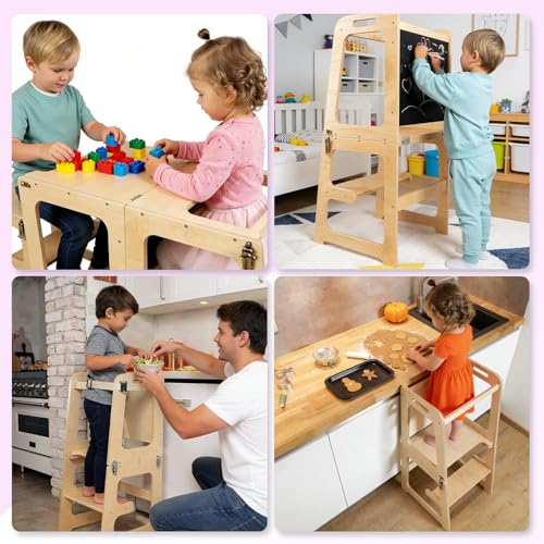 YISHEN 4In1 Torre de Aprendizaje Montessori,Torre Montessori para Niños Antideslizante,Torre de Aprendizaje con Tablero Blanco y Negro,Ajustable en Altura,con Pincel y Borrador,para Niños de 1a3 Años