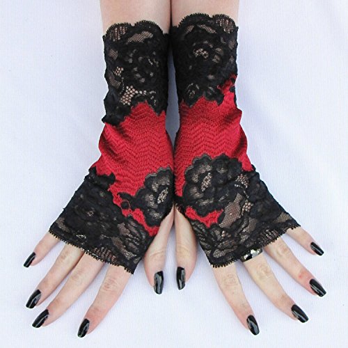 Bittersweet Red and Black lace Fingerless Gloves Plus sizes - Image 2