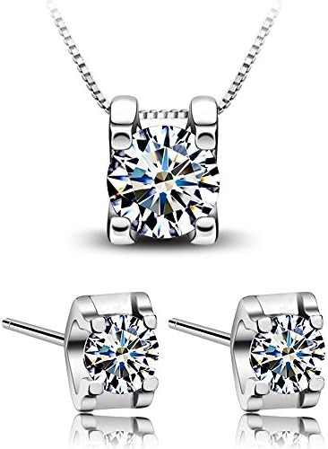 Sterling Silver Round Cubic Zirconia Pendant Necklace and Earrings Jewelry Set