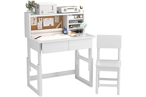 NKUGCFC White Desk and Chair Set for 5-18 Year Old,Ergonomic Height Adjustable Study Desk with 2 Drawers,Art Table with Storage-9ZQf