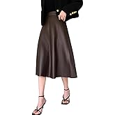 utcoco Womens Casual Long Leather Skirt High Waist A-Line Swing Midi-Length Faux Leather Skirts