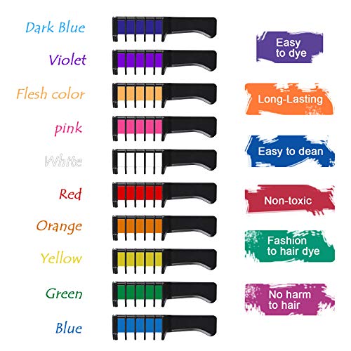 Kids Hair Chalk Comb - Tiaoyeer 10 Colors Temporary Hair Comb Salon, Non-Toxic Washable Hair Dye Colors for Halloween Christmas Birthday Party, Cosplay, Concert, Safe for Kids & Adults - Thumbnail 7
