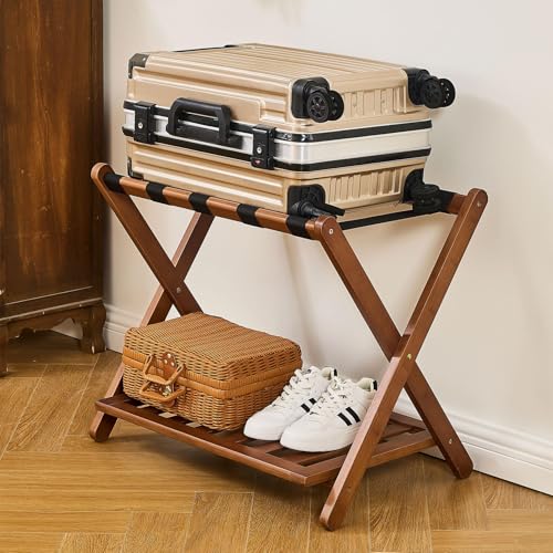 Folding Luggage Rack, Bamboo Suitcase Stand for Guest Room, Luggage Holder with Shoe Storage Shelf for Bedroom, Guest Room, Hotel, 68*45*55CM Brown