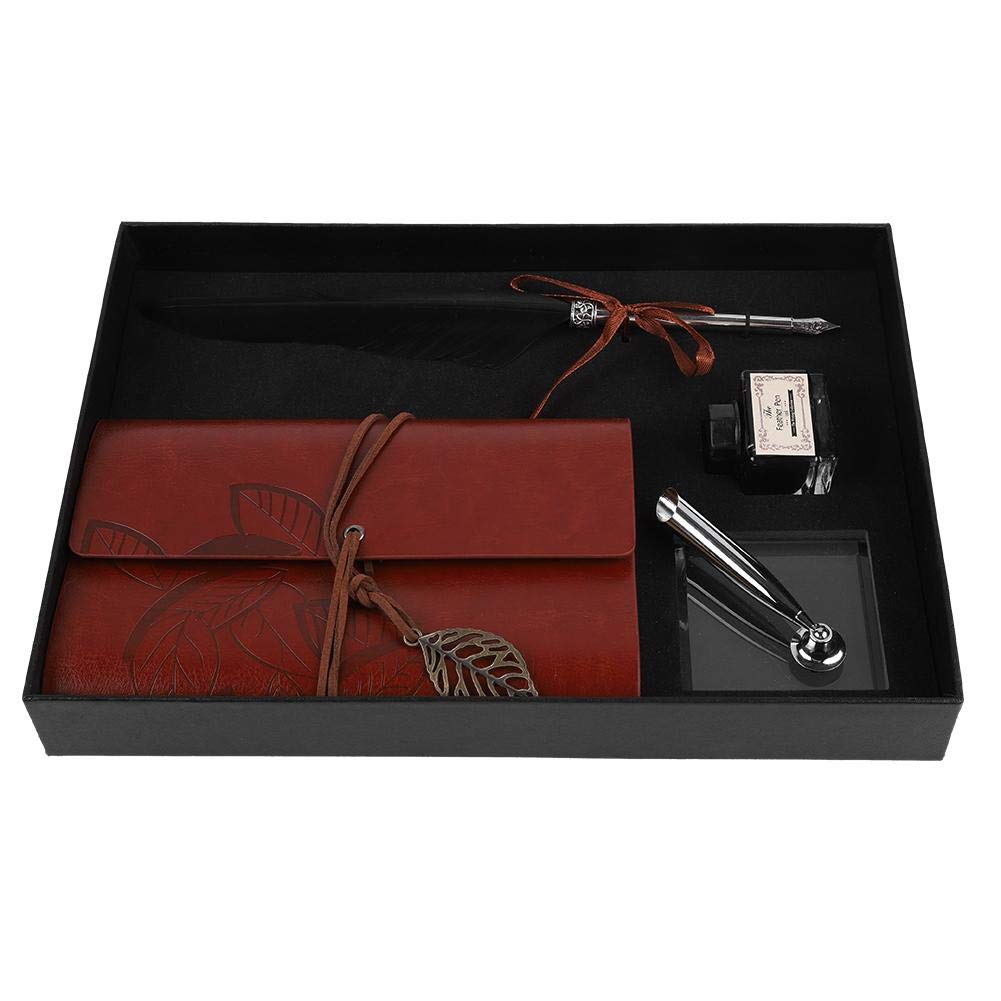 Kafuty Retro Leather Notebook with Fountain Pen with Pen Ink, Dip Feather Pen Set Calligraphy Pen Notebook,Leather Notebook Feather Quill Pen for Gift (red) (black)