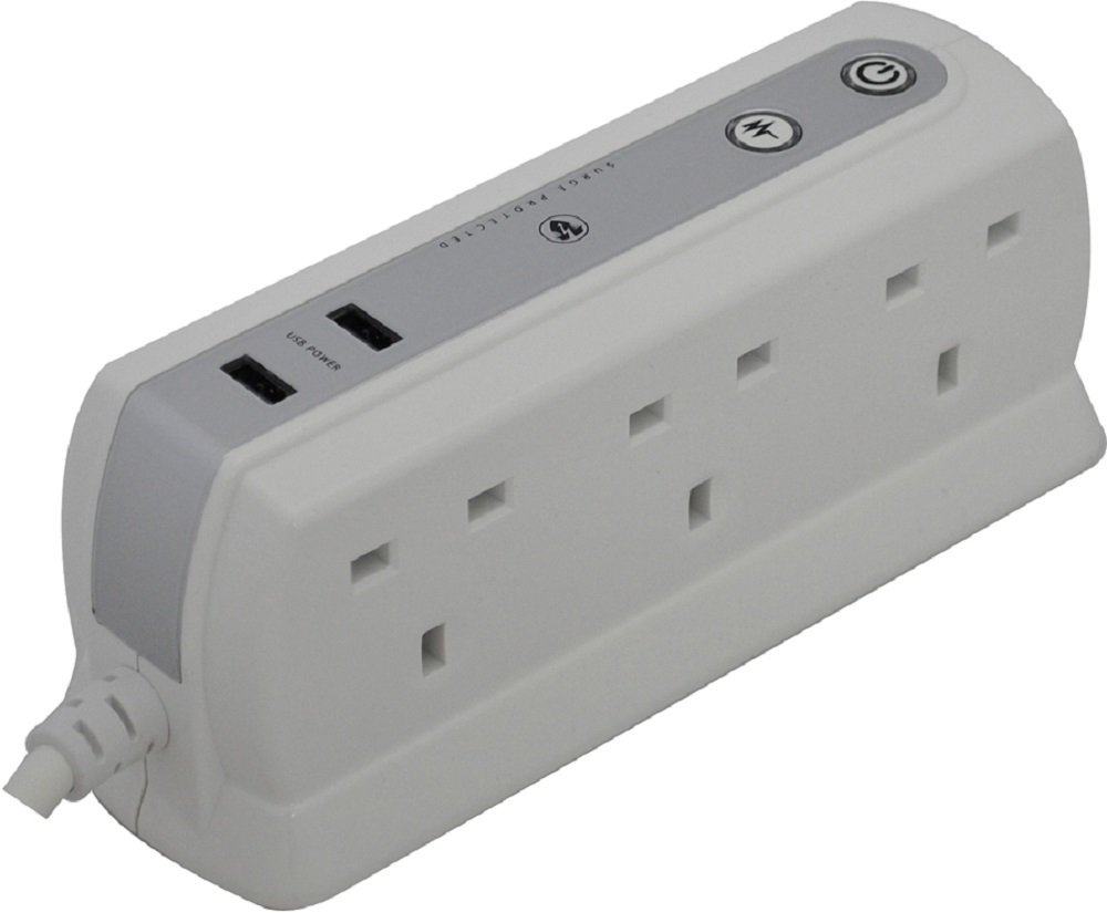 Masterplug Heavy Duty Six Socket Surge Protected Extension Lead with 2 USB Ports, 1 Metre, White