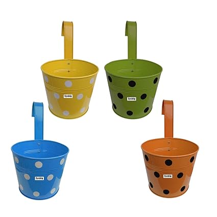 Kraftsplanet Garden Decor Set of Four Polka Painted Ribbed Design Railing planters with hable Hooks