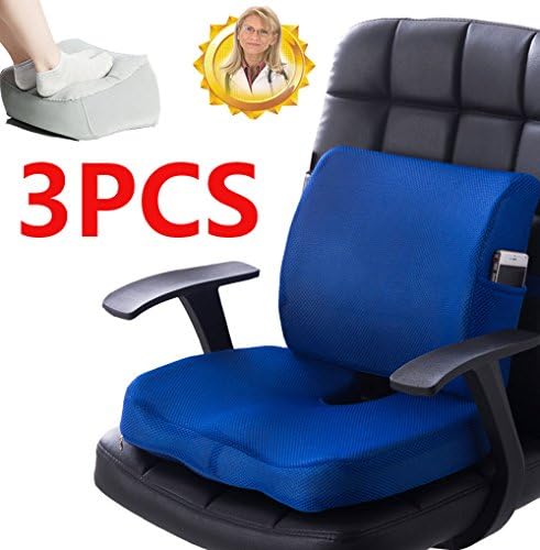 Non Slip Back Lumbar Support Office Car Memory Foam Chair Seat Cushion pads with 3D Mesh Coverfor Hip Back Orthopedic Relief Pain (Blue)