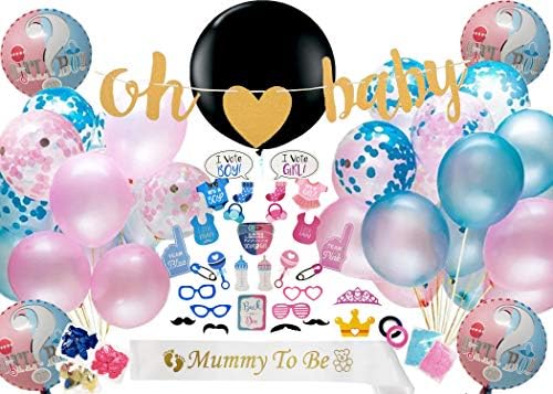 Executive Lifestyle Baby Shower Decorations 64 Piece Set, Rustic Gold and White Gender Reveal Party Supplies with Oh Baby Banner, Glitter and Foil Balloons, Pink and Blue Glitter, Photo Props