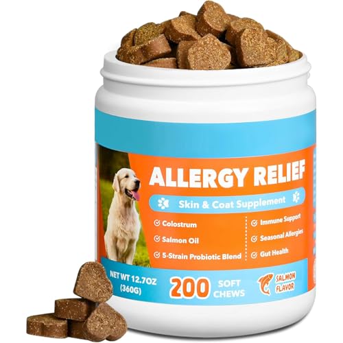 Allergy Relief Chews for Dogs Skin and Coat with Salmon Oil Omega 3 for Dog Shedding, Itchy Dry Skin, Seasonal Scratching & Paw Licking Comfort - Probiotics, Colostrum, for All Breeds & Size, 200 Ct