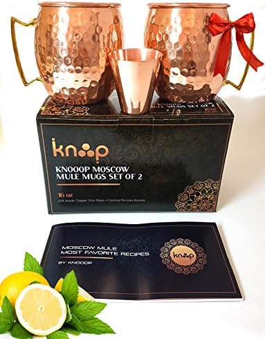Premium Moscow Mule Mugs Set of 2, Handcrafted,, Hammered Copper Construction for Timeless, Elegant Gift – 16oz Unlined, Copper Cups +FREE Recipe Book and Cocktail Party Guide by Knooop