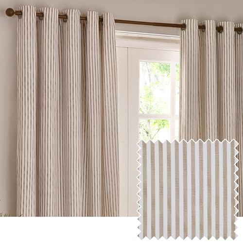 furn. Yard Hebden Verdunkelungs OEsenvorhang Set – Ultra Weiche Baumwolle Gefuetterte Gestreifte Vorhaenge (Natuerlich – 229x137cm)