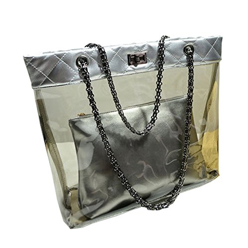 Top Shop Womens Casual Chain Clear Tote Transparent Beach Handbag Silver Trapeze Bags