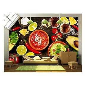 Mexican Food Concept: Tortilla Chips, Guacamole, Salsa, Tequila Shots and Fresh Ingredients - Removable Wall Mural | Self-Adhesive Large Wallpaper - 66x96 inches