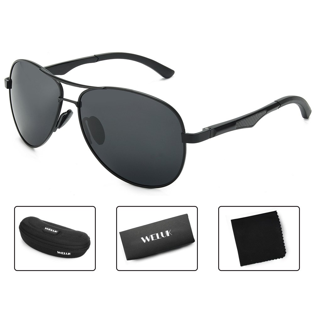 WELUK Aviator Sunglasses for Men Polarized Military Mirrored Pilot Retro Glasses (Black & Black, 62)